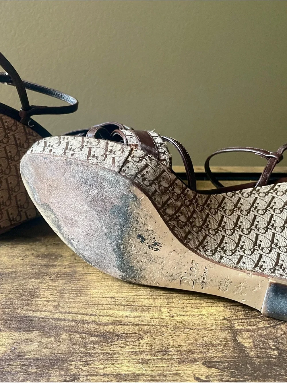 Vintage Dior Brown Monogram Canvas Wedge Sandals